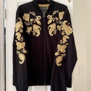 Guess Black and Gold Bomber Jacket with Ornate Embroidery